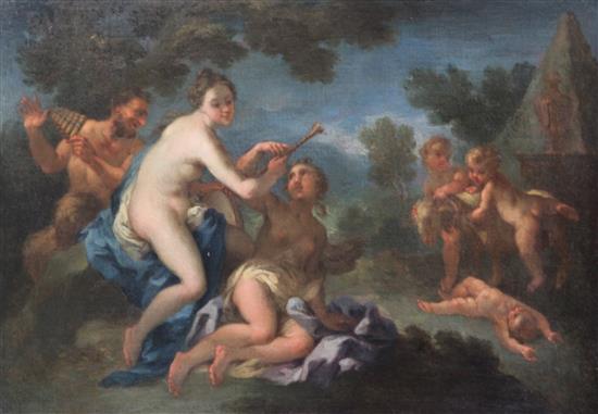 Italian School Nude women with a satyr and putti, 14 x 20in.